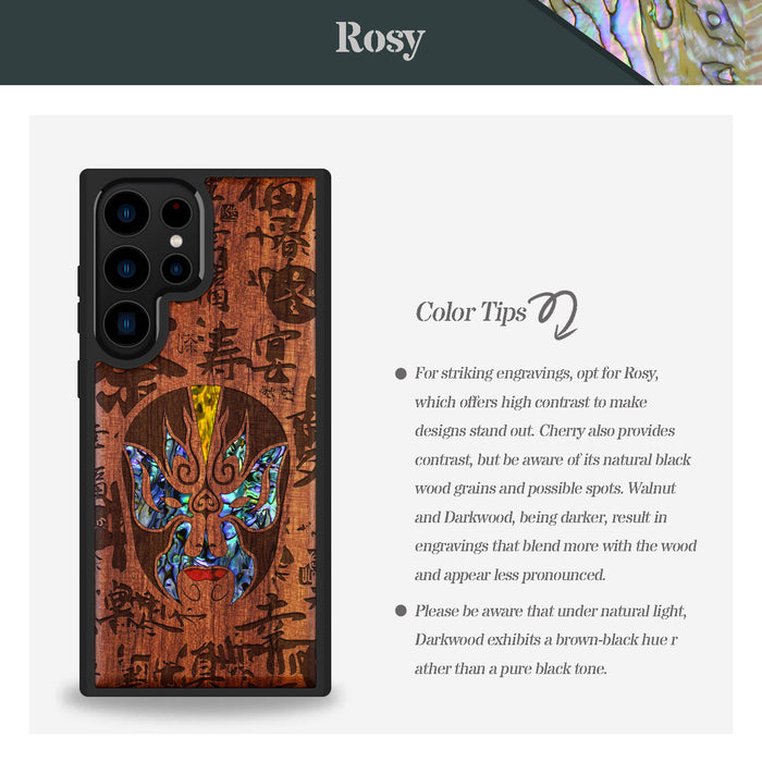 The Chinese Opera Mask, Hand-Inlaid Wood & Mother of Pearl Case - Artisanal Cover for Samsung Galaxy