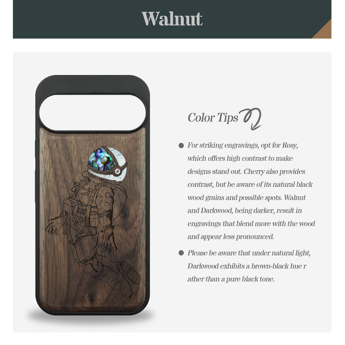 The Floating Astronaut, Hand-Inlaid Wood & Mother of Pearl Case - Artisanal Cover for Google Pixel
