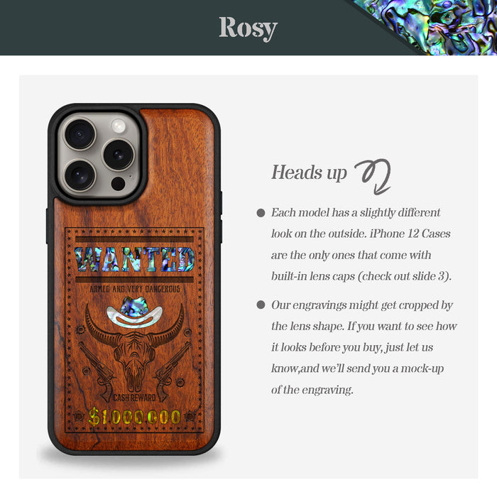 Western Wanted Poster, Hand-Inlaid Wood & Mother of Pearl Case - Artisanal Cover for Apple iPhone