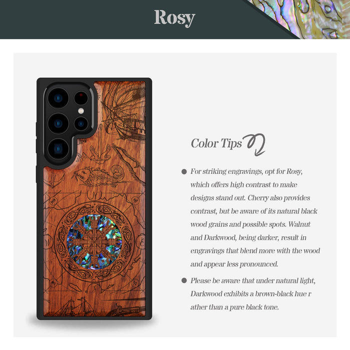 Viking Shield, Hand-Inlaid Wood & Mother of Pearl Case - Artisanal Cover for Samsung Galaxy