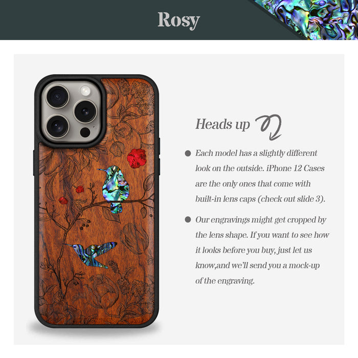 A Dance of Flora and Avian, Hand-Inlaid Wood & Mother of Pearl Case - Artisanal Cover for Apple iPhone