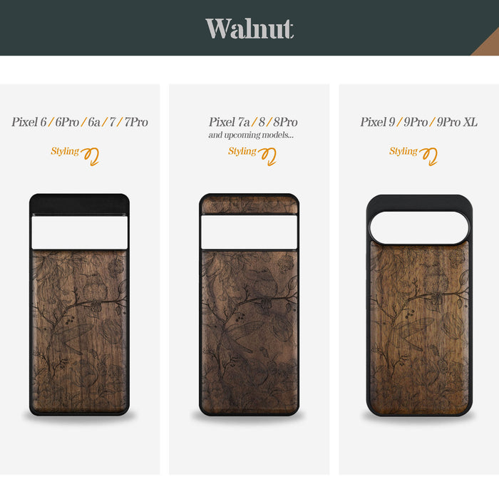 A Dance of Flora and Avian, Classic Engraved Wood & TPU Case - Artisanal Cover for Google Pixel