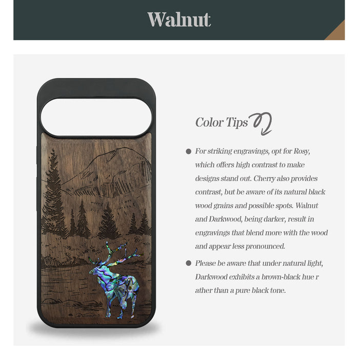 An Enthralling Natural Landscape Illustration, Hand-Inlaid Wood & Mother of Pearl Case - Artisanal Cover for Google Pixel