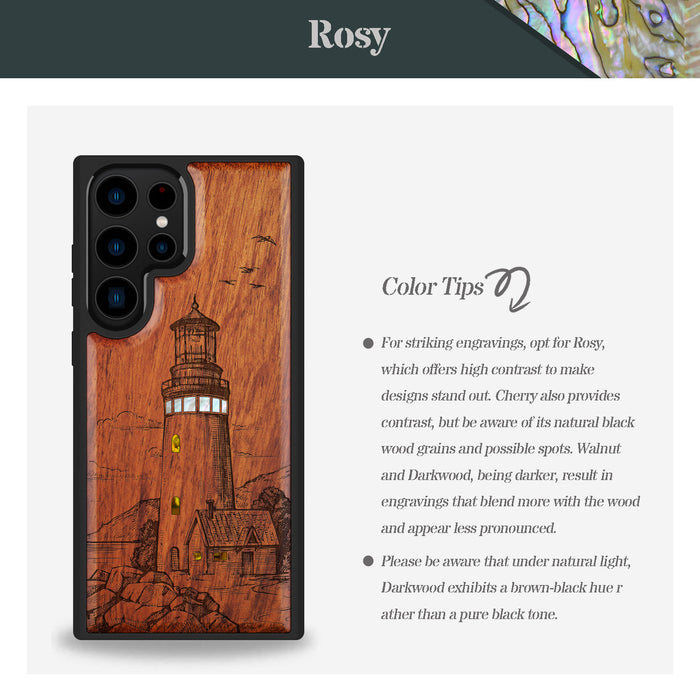 The Lighthouse, Hand-Inlaid Wood & Mother of Pearl Case - Artisanal Cover for Samsung Galaxy