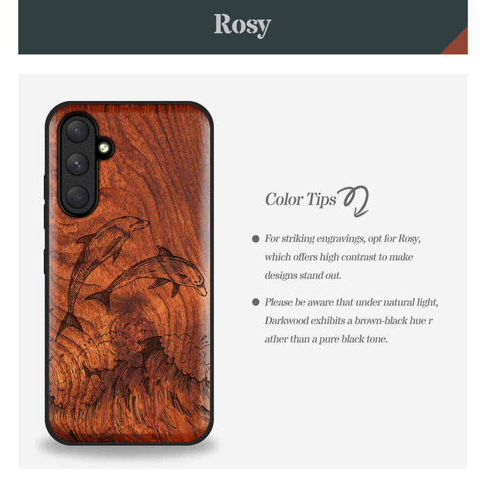 Dual Dolphins in the Waves, Classic Engraved Wood & TPU Case - Artisanal Cover for Samsung Galaxy