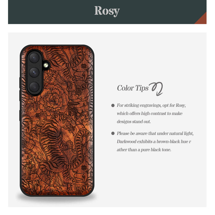 A Tiger Amidst Flowers and Vines, Classic Engraved Wood & TPU Case - Artisanal Cover for Samsung Galaxy