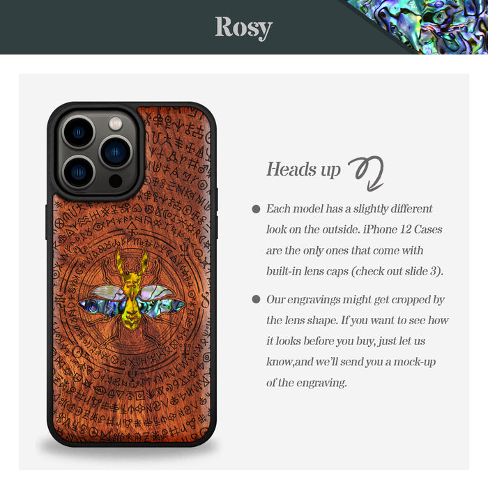 Mystical Armor, Hand-Inlaid Wood & Mother of Pearl Case - Artisanal Cover for Apple iPhone