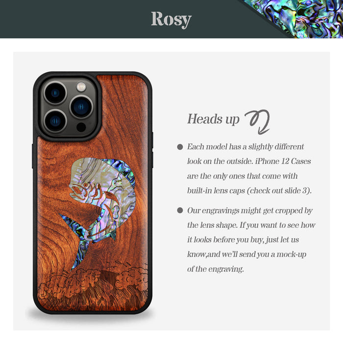 The Majestic Mahi-Mahi, Hand-Inlaid Wood & Mother of Pearl Case - Artisanal Cover for Apple iPhone