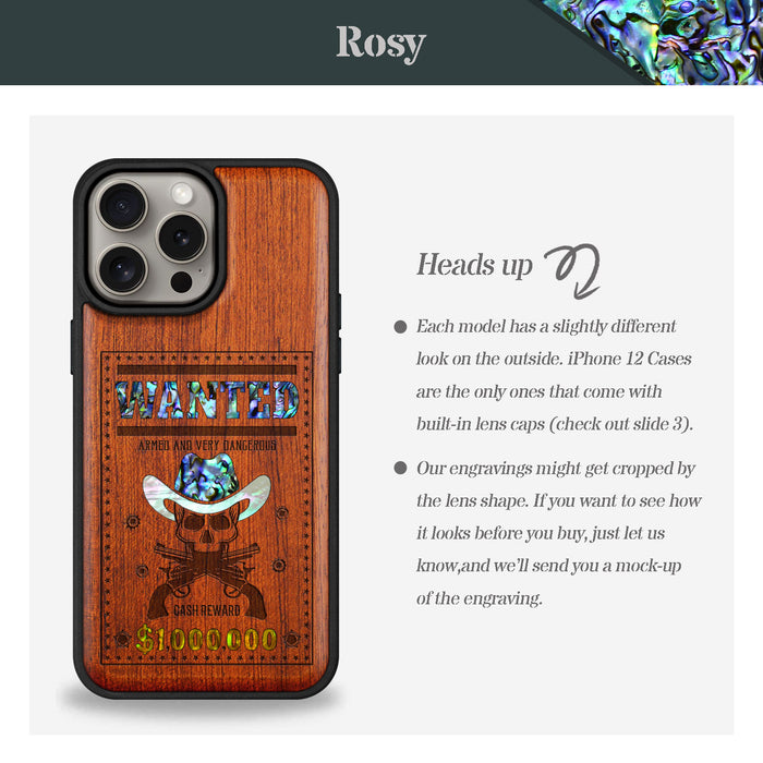 Outlaw Skull Wanted, Hand-Inlaid Wood & Mother of Pearl Case - Artisanal Cover for Apple iPhone