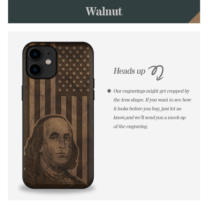 Benjamin Franklin's Portrait Amidst the Stars and Stripes, Classic Engraved Wood & TPU Case - Artisanal Cover for Apple iPhone