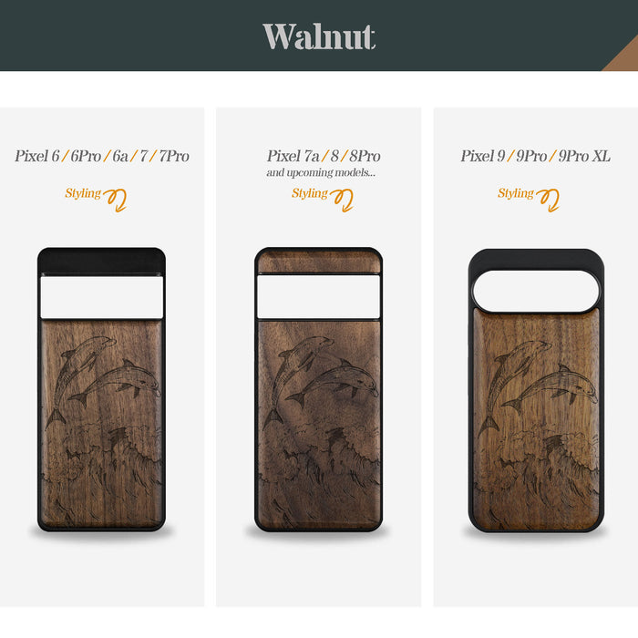 Dual Dolphins in the Waves, Classic Engraved Wood & TPU Case - Artisanal Cover for Google Pixel