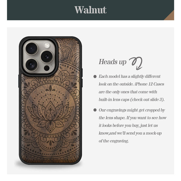 Lotus Mandala Essence, Classic Engraved Wood & TPU Case - Artisanal Cover for Apple iPhone