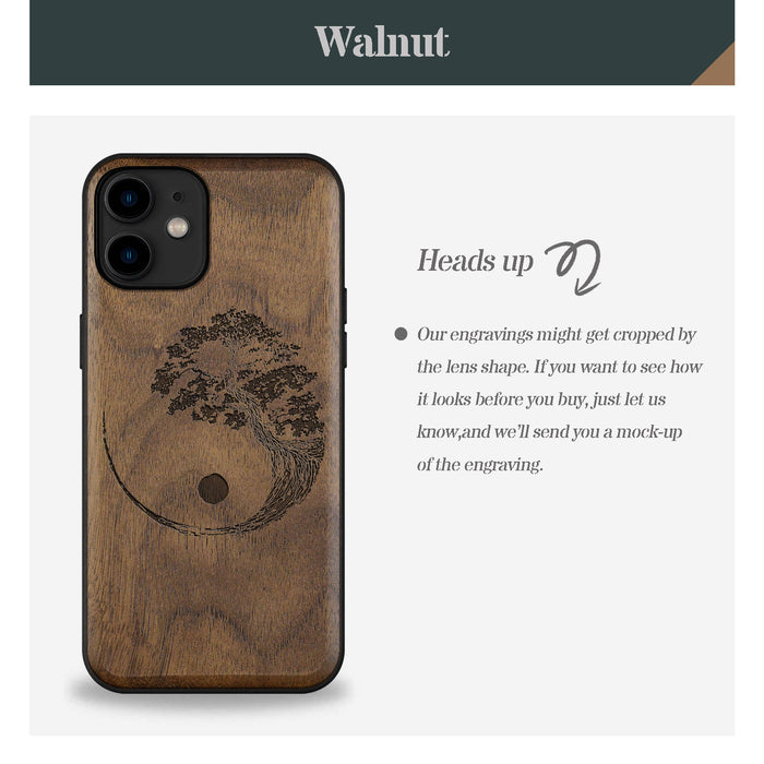 Yin Yang Bonsai Tree in Japanese Style, Classic Engraved Wood & TPU Case - Artisanal Cover for Apple iPhone