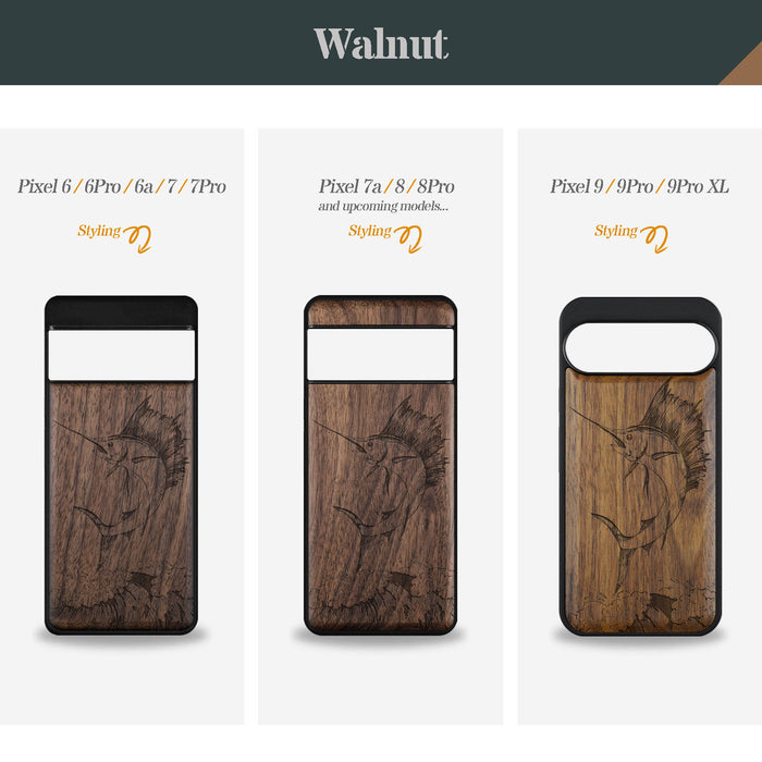 The Soaring Marlin, Classic Engraved Wood & TPU Case - Artisanal Cover for Google Pixel