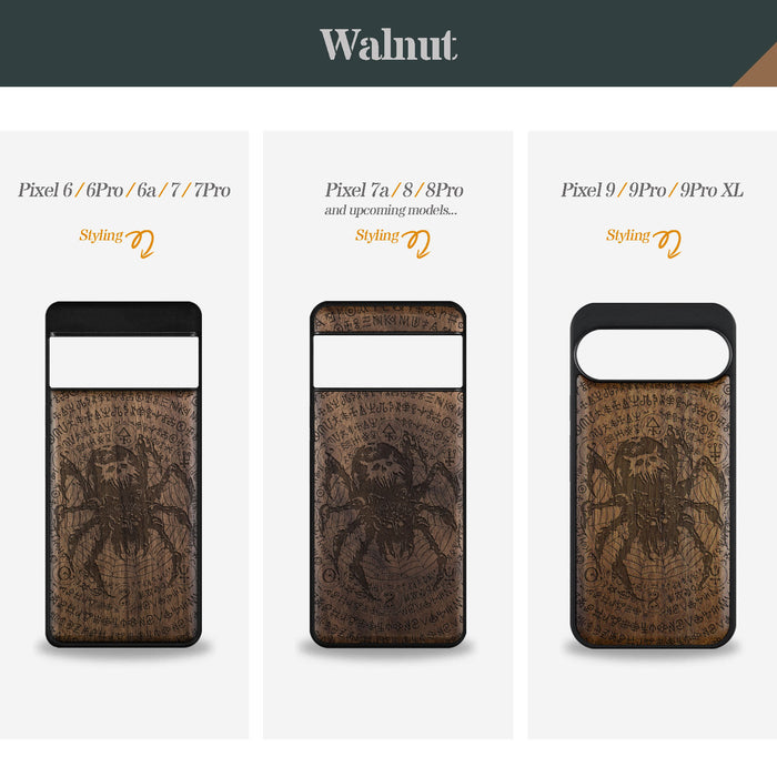 Enigmatic Black Spider Amidst Runes, Classic Engraved Wood & TPU Case - Artisanal Cover for Google Pixel