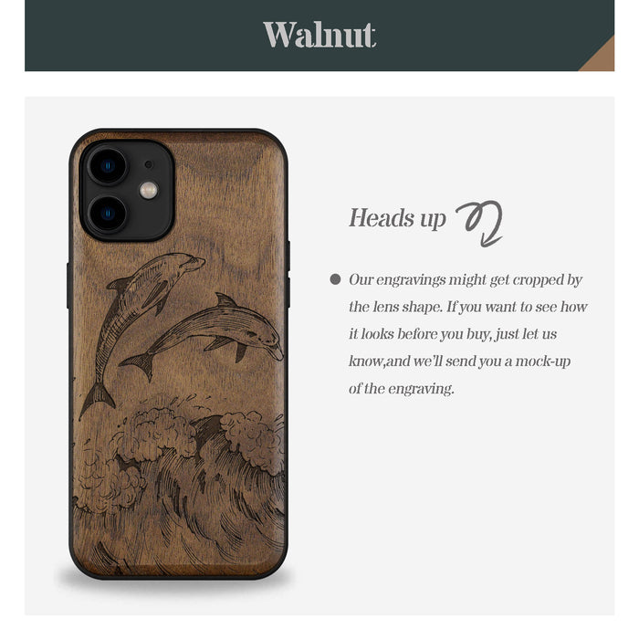 Dual Dolphins in the Waves, Classic Engraved Wood & TPU Case - Artisanal Cover for Apple iPhone