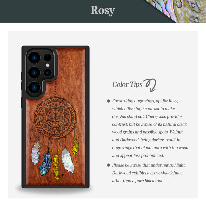 Dreamcatcher's Embrace, Hand-Inlaid Wood & Mother of Pearl Case - Artisanal Cover for Samsung Galaxy