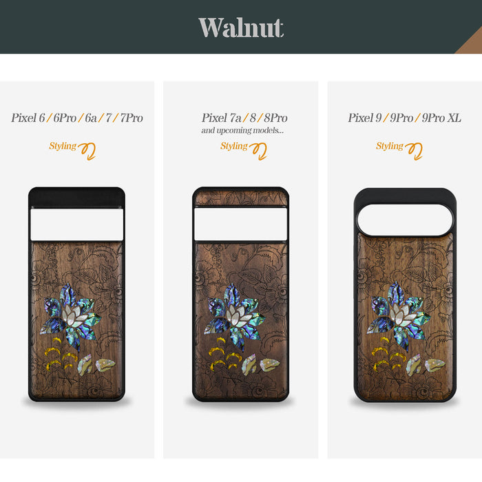 A Seamless Pattern of Flowers and Leaves, Hand-Inlaid Wood & Mother of Pearl Case - Artisanal Cover for Google Pixel