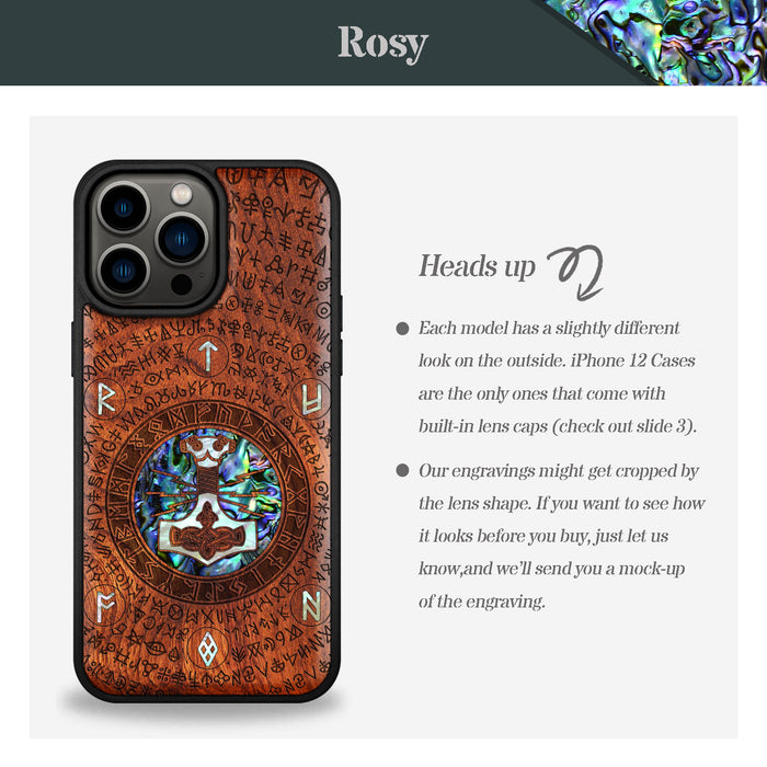 Mjölnir and the Runes, Hand-Inlaid Wood & Mother of Pearl Case - Artisanal Cover for Apple iPhone