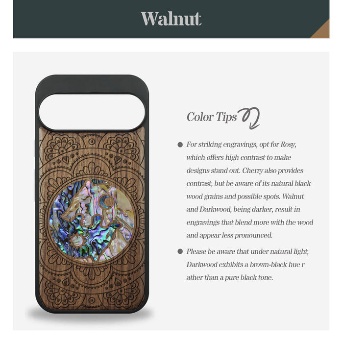Yin-Yang Wolves Amidst Paisley, Hand-Inlaid Wood & Mother of Pearl Case - Artisanal Cover for Google Pixel