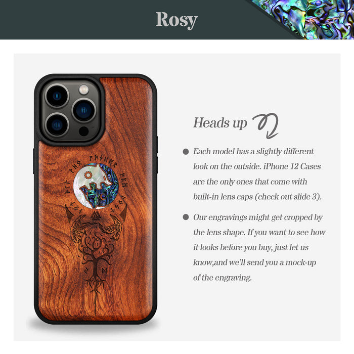 Vegvísir, Ravens, and Yggdrasil, Hand-Inlaid Wood & Mother of Pearl Case - Artisanal Cover for Apple iPhone