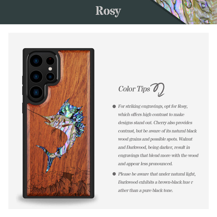 The Soaring Marlin, Hand-Inlaid Wood & Mother of Pearl Case - Artisanal Cover for Samsung Galaxy