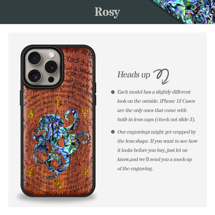 Octopus and Octagonal Star, Hand-Inlaid Wood & Mother of Pearl Case - Artisanal Cover for Apple iPhone
