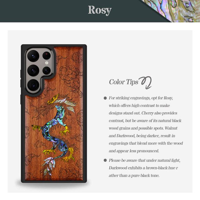 The Dragon's Ascen, Hand-Inlaid Wood & Mother of Pearl Case - Artisanal Cover for Samsung Galaxy