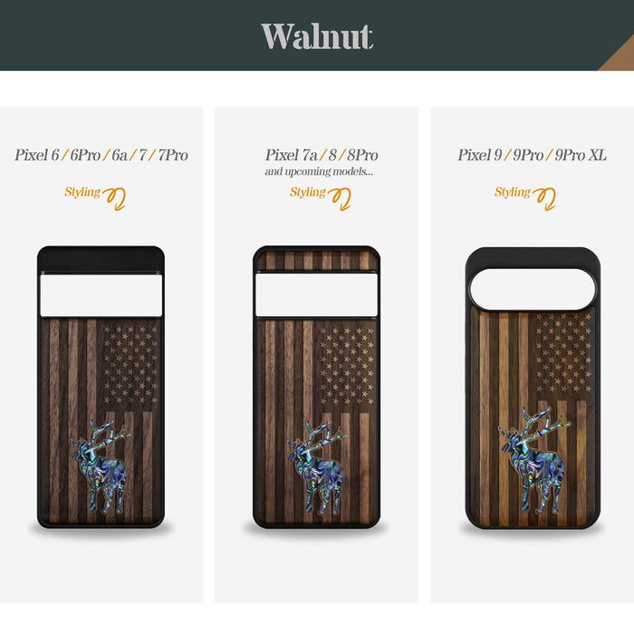 American Flag, Deer, Hand-Inlaid Wood & Mother of Pearl Case - Artisanal Cover for Google Pixel