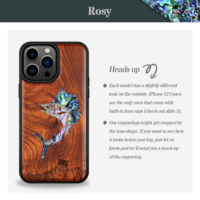 The Soaring Marlin, Hand-Inlaid Wood & Mother of Pearl Case - Artisanal Cover for Apple iPhone