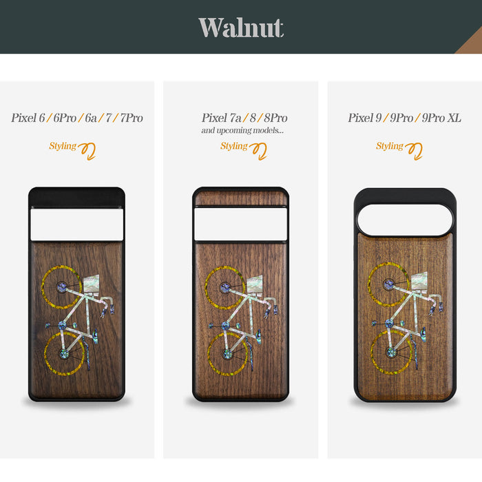 Classic Bicycle Silhouette, Hand-Inlaid Wood & Mother of Pearl Case - Artisanal Cover for Google Pixel