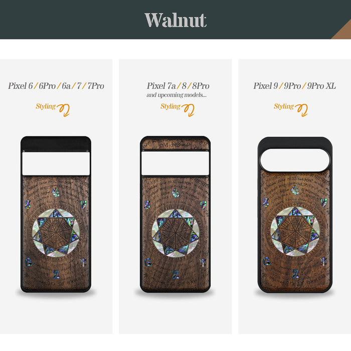 The Sacred Seals, Hand-Inlaid Wood & Mother of Pearl Case - Artisanal Cover for Google Pixel