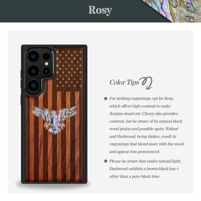 Bald Eagle and Flag, Hand-Inlaid Wood & Mother of Pearl Case - Artisanal Cover for Samsung Galaxy