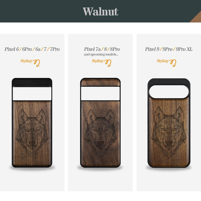 Realistic Wolf Linework Art, Classic Engraved Wood & TPU Case - Artisanal Cover for Google Pixel