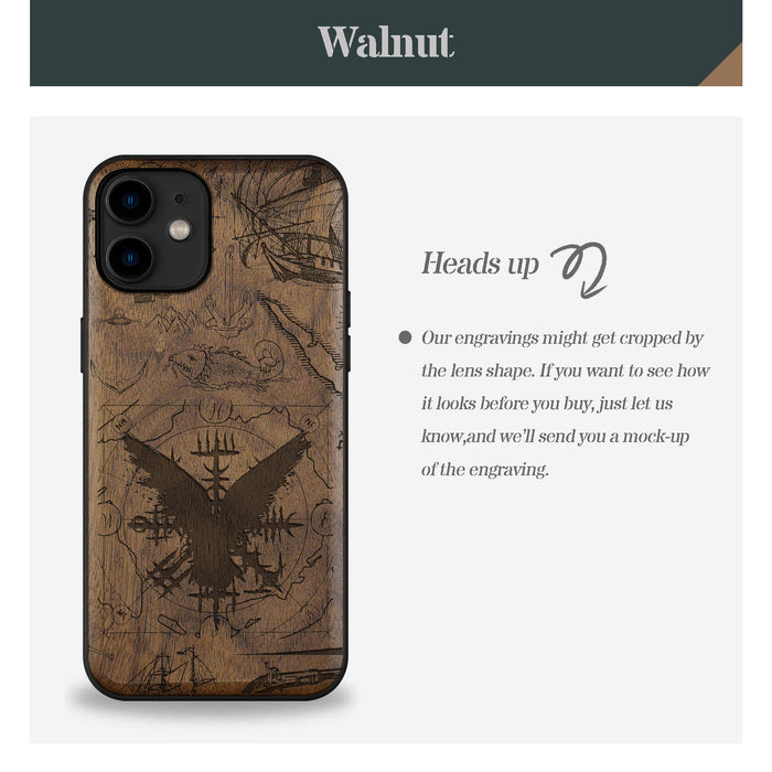 Splash Ink Vegvisir amidst Maritime Relics, Classic Engraved Wood & TPU Case - Artisanal Cover for Apple iPhone