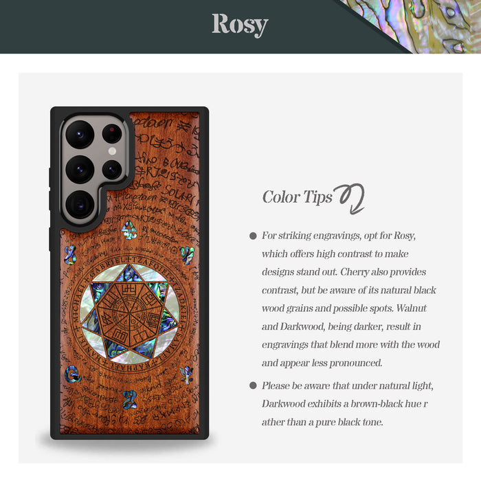 The Sacred Seals, Hand-Inlaid Wood & Mother of Pearl Case - Artisanal Cover for Samsung Galaxy