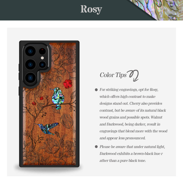 A Dance of Flora and Avian, Hand-Inlaid Wood & Mother of Pearl Case - Artisanal Cover for Samsung Galaxy