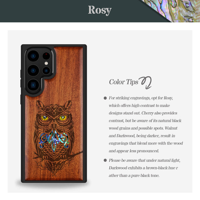 An Owl Perched on a Branch, Hand-Inlaid Wood & Mother of Pearl Case - Artisanal Cover for Samsung Galaxy