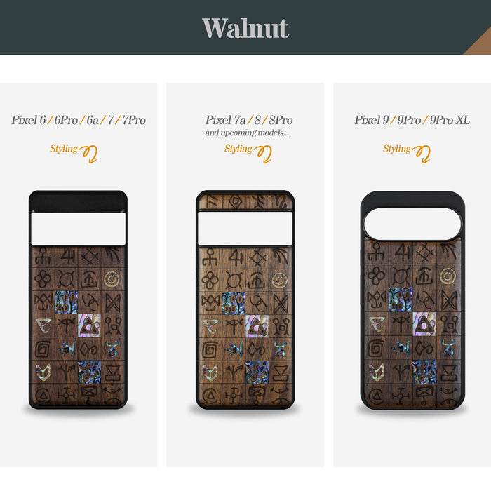 Mystical Runes, Hand-Inlaid Wood & Mother of Pearl Case - Artisanal Cover for Google Pixel