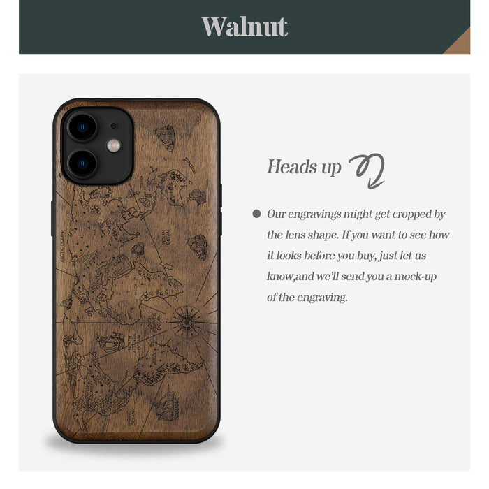 Physical World Map with Antique Travel Ship, Classic Engraved Wood & TPU Case - Artisanal Cover for Apple iPhone