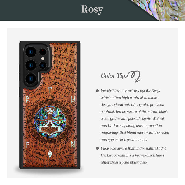 Mjölnir and the Runes, Hand-Inlaid Wood & Mother of Pearl Case - Artisanal Cover for Samsung Galaxy