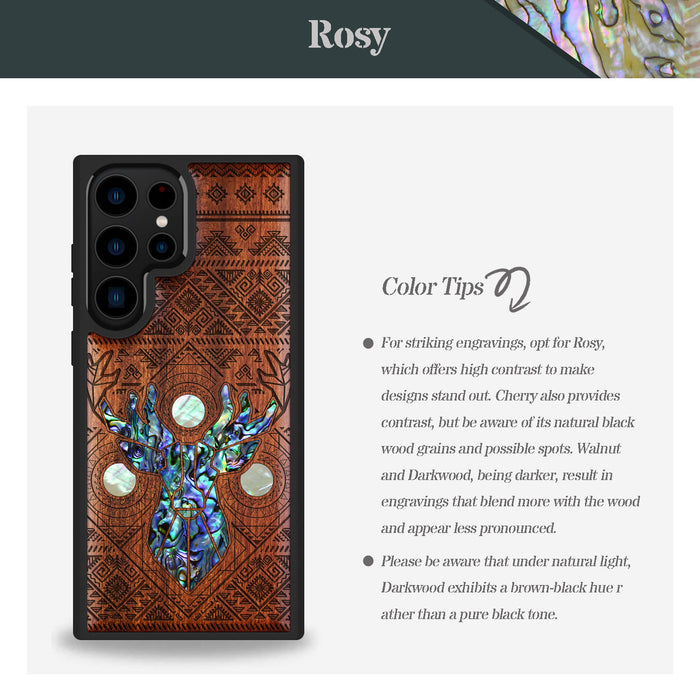 Aztec Geometric Deer, Hand-Inlaid Wood & Mother of Pearl Case - Artisanal Cover for Samsung Galaxy