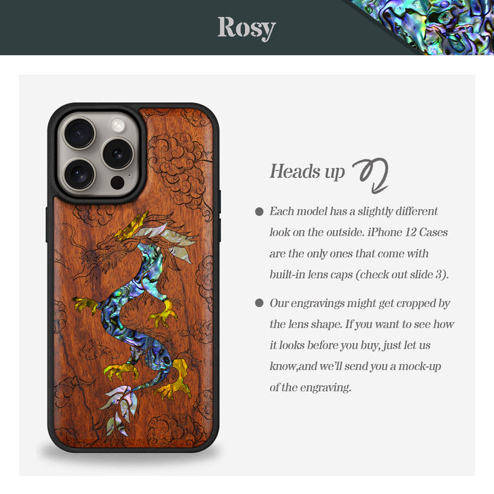 The Dragon's Ascen, Hand-Inlaid Wood & Mother of Pearl Case - Artisanal Cover for Apple iPhone