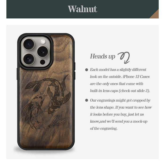 Yin-Yang Koi, Classic Engraved Wood & TPU Case - Artisanal Cover for Apple iPhone