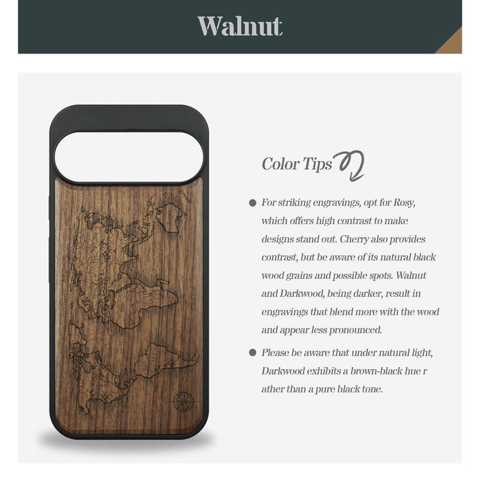 Abstract Expressionist World Map Linework, Classic Engraved Wood & TPU Case - Artisanal Cover for Google Pixel