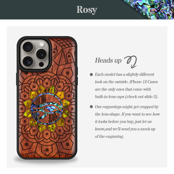 Eternal Horus Mandala, Hand-Inlaid Wood & Mother of Pearl Case - Artisanal Cover for Apple iPhone