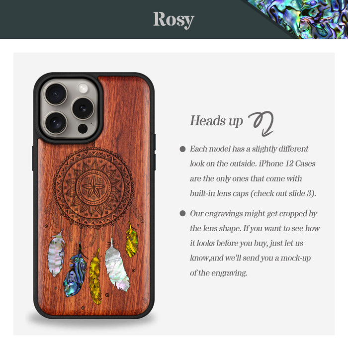 Dreamcatcher's Embrace, Hand-Inlaid Wood & Mother of Pearl Case - Artisanal Cover for Apple iPhone