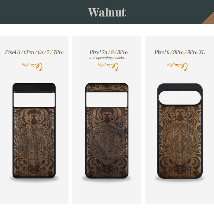 The Leafy Visage, Classic Engraved Wood & TPU Case - Artisanal Cover for Google Pixel