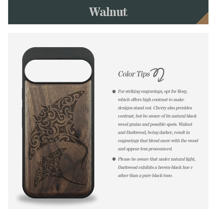 Polynesian Manta Rays, Classic Engraved Wood & TPU Case - Artisanal Cover for Google Pixel