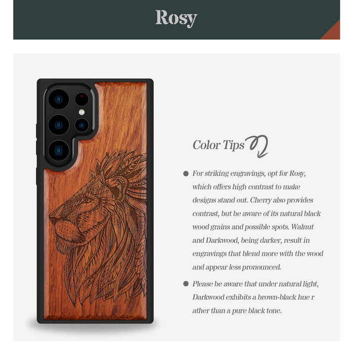 The Ornate Lion's Head, Classic Engraved Wood & TPU Case - Artisanal Cover for Samsung Galaxy